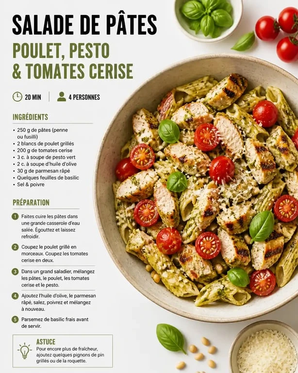 Salade de pâtes au poulet, pesto et tomates cerise dans un bol