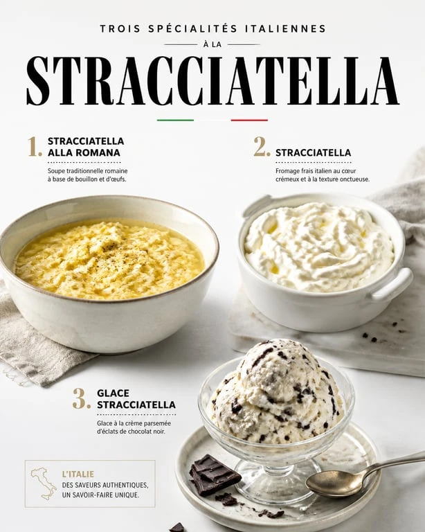 Les trois variantes de la stracciatella : soupe romaine, fromage crémeux et glace italienne.