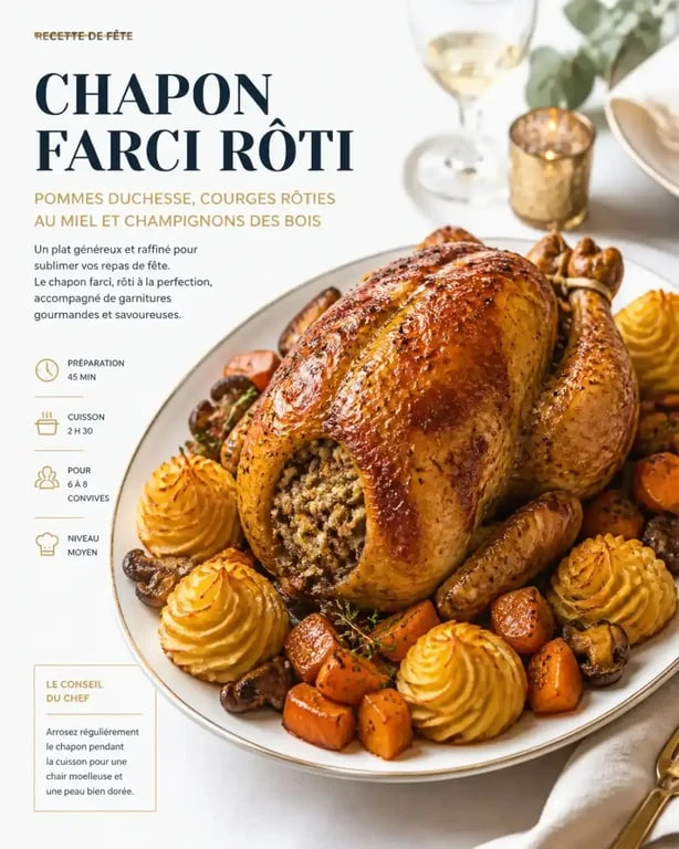 Chapon farci rôti et ses accompagnements festifs pour un repas de Noël
