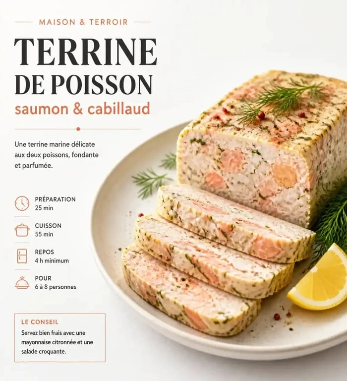 Terrine de poisson saumon cabillaud tranchée sur une assiette