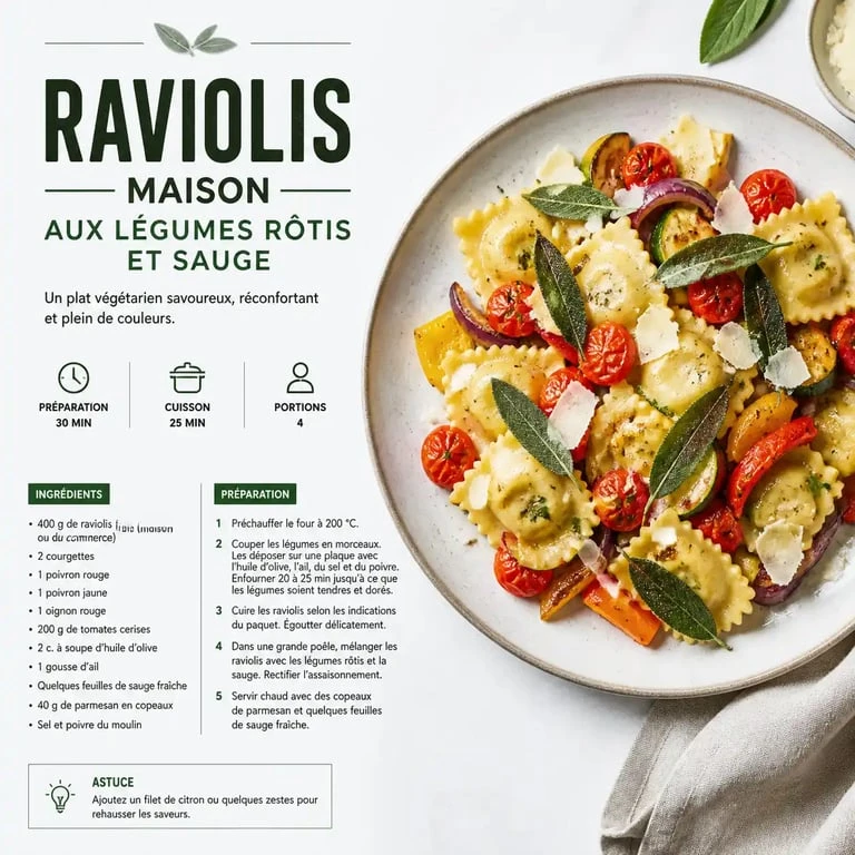 Assiette de raviolis accompagnés de légumes rôtis et parmesan pour un accompagnement ravioli gourmand