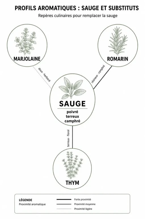 Infographie comparative des alternatives à la sauge en cuisine pour remplacer la sauge dans vos recettes