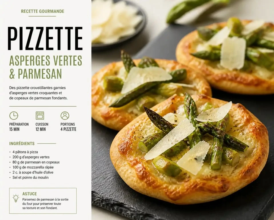 Pizzete maison aux asperges vertes et parmesan, une recette de petites pizzas individuelles élégantes.