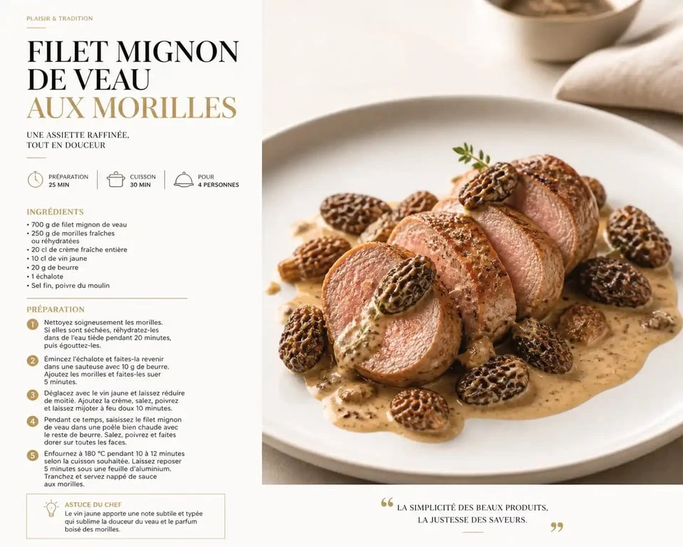 Filet mignon de veau gastronomique aux morilles dressé sur assiette