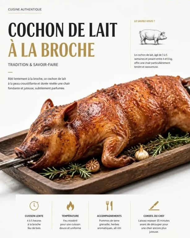 Porcelet à la broche doré et croustillant prêt à être servi
