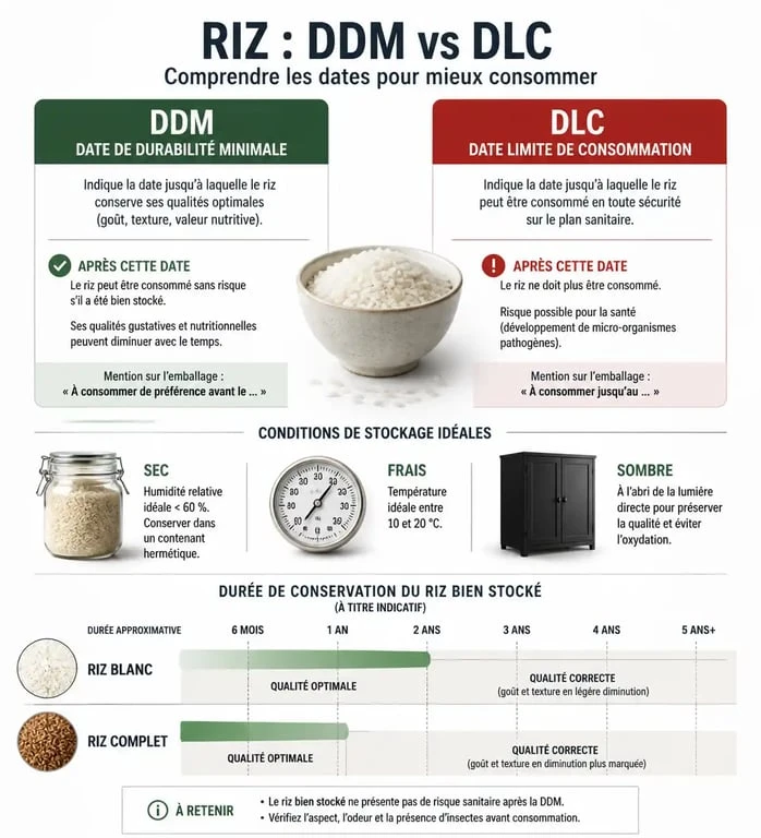 Infographie expliquant si le riz se périme et la différence entre DDM et DLC