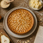 Recette sucrée avec pâte brisée, tarte amandine poires sur plan de travail