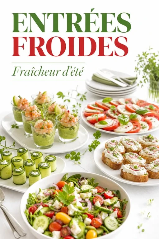 Entrées froides variées présentées en buffet avec verrines, crudités et bouchées fraîches