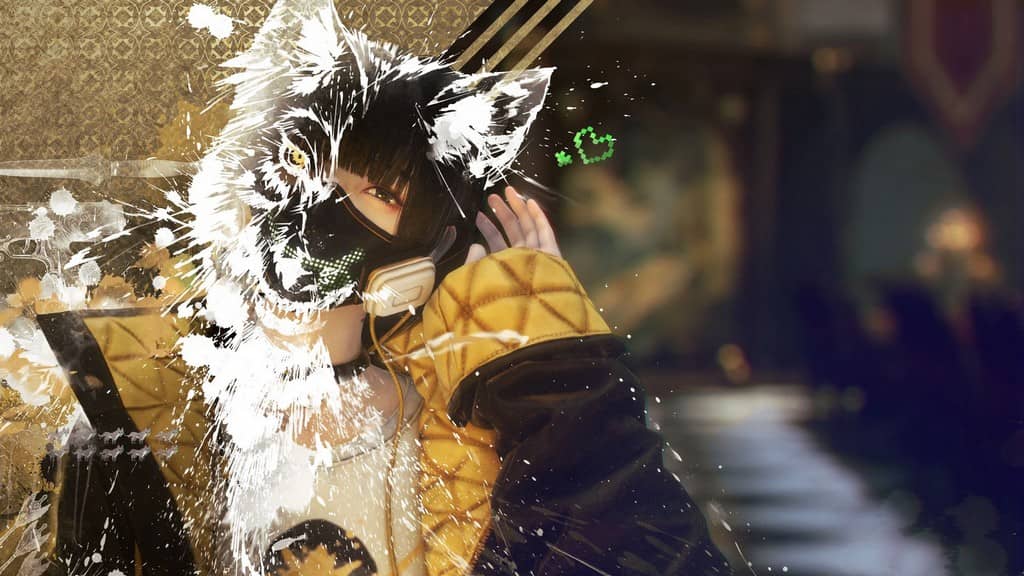 Online gamer con cuffie, maschera e cappello, stile streetwear, sfondo sfocato.