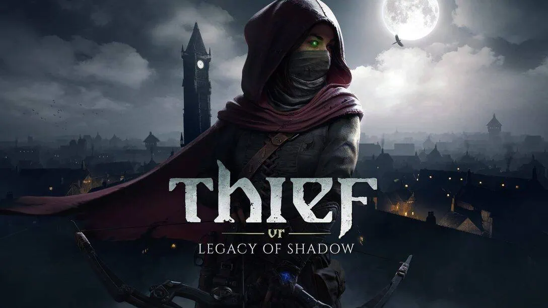 Assassino con archi e cappuccio in un'ambientazione gotica notturna, scenario del gioco Thief VR: Legacy of Shadow, a PlayStation Zone.
