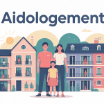 Illustration centrale aidologement famille devant bâtiments