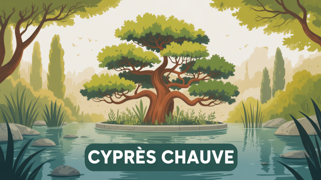Illustration cyprès chauve feuillage cuivré bord d'eau