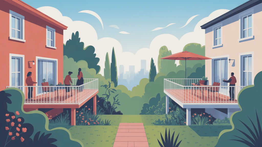 illustration terrasse vue plongeante sur voisin ambiance urbaine