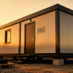 bungalow préfabriqué moderne sur chantier au coucher du soleil
