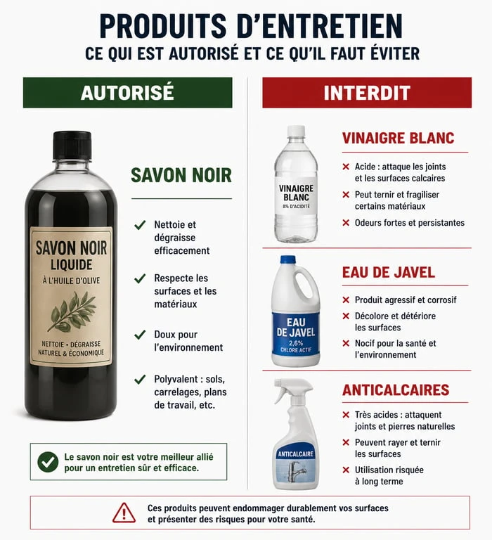 Infographie comparative des produits de nettoyage pour travertin : savon noir autorisé vs produits acides interdits