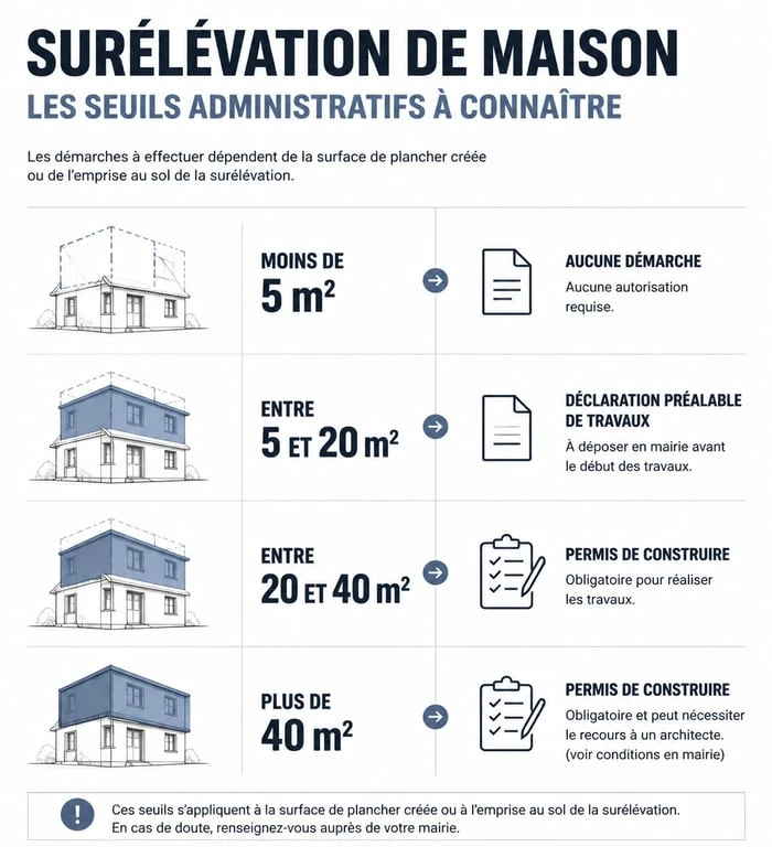 Infographie des seuils administratifs pour un projet de surélévation maison et voisinage