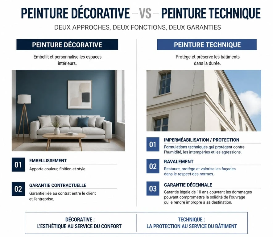 Infographie distinction garantie décennale peinture décorative vs technique