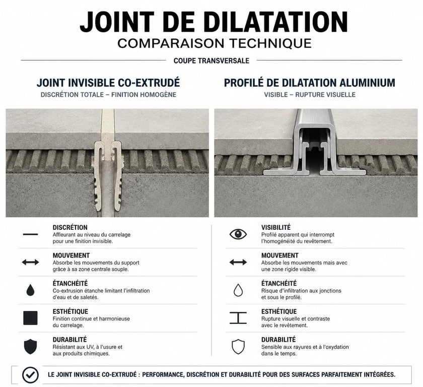 Schéma comparatif joint de dilatation carrelage invisible vs joint classique