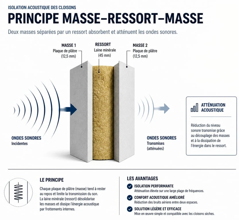 Schéma du principe masse-ressort-masse pour l'isolation phonique d'une cloison entre deux chambres