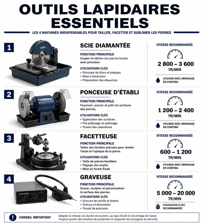 Infographie des outils lapidaires essentiels pour le travail de la pierre
