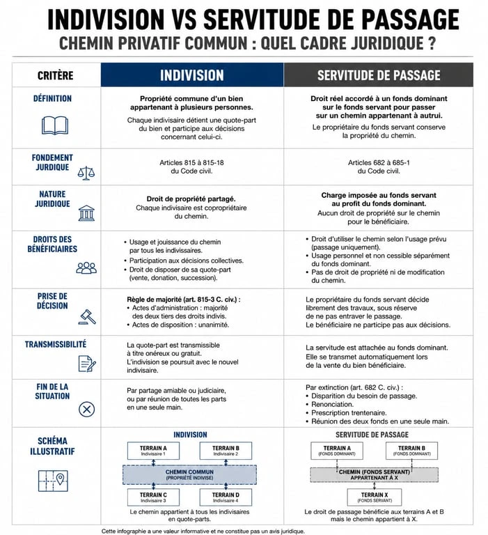 Infographie comparative des statuts juridiques d'un chemin privatif commun : indivision vs servitude de passage