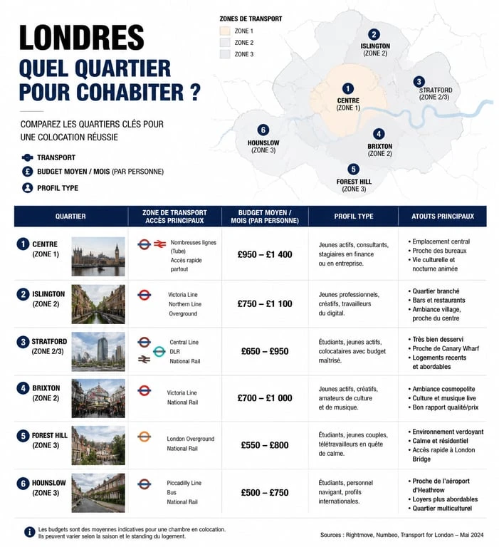 Comparatif des quartiers de Londres pour une colocation : zones, budgets et profils