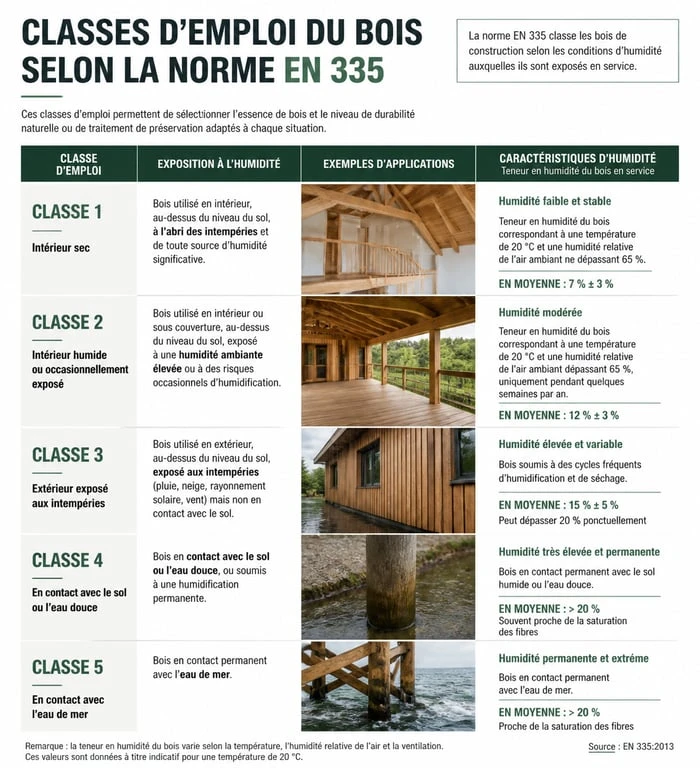 Infographie des classes d'emploi du bois pour colombage selon la norme EN 335