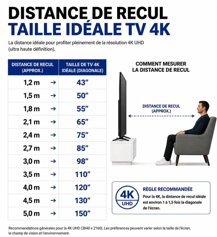 Infographie illustrant la taille de TV idéale selon la distance de recul pour une résolution 4K