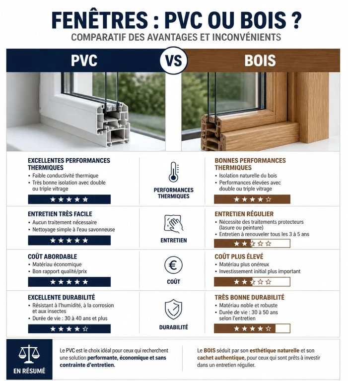 Infographie comparative : fenêtres PVC ou bois pour la rénovation