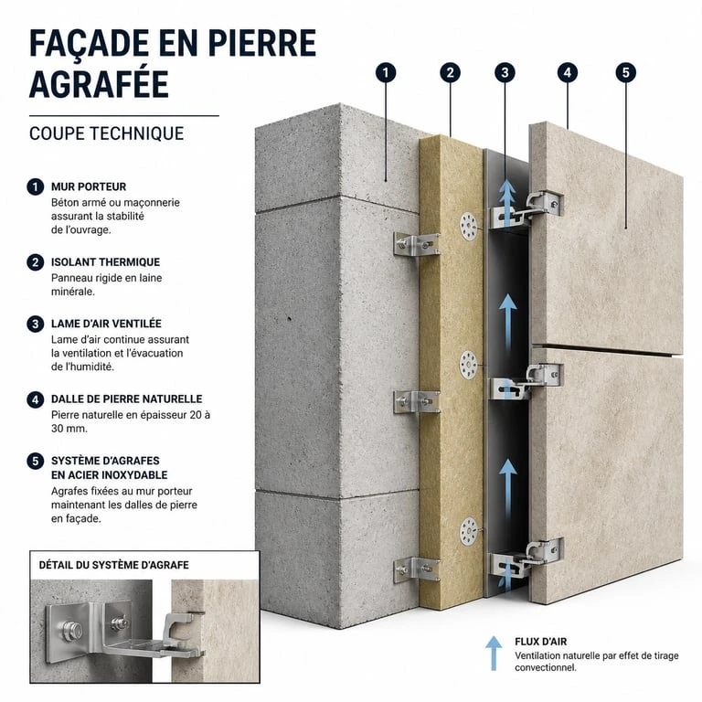 Schéma technique de pose de pierre agrafée en façade ventilée