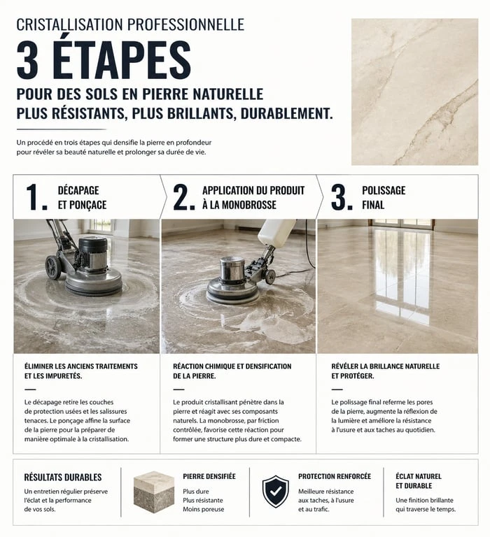 Étapes du procédé de cristallisation du carrelage en pierre naturelle