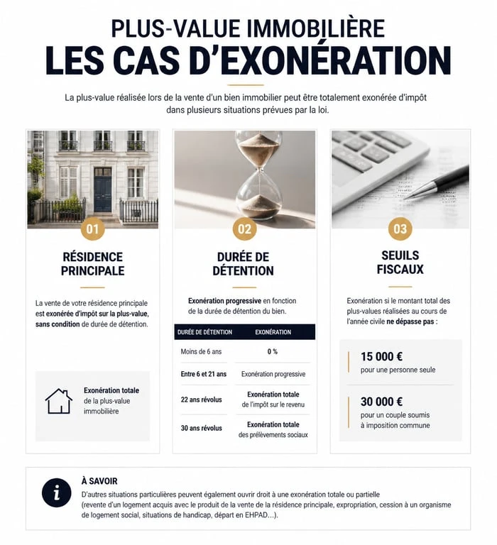 Infographie récapitulative des cas d'exonération de la plus-value immobilière en France