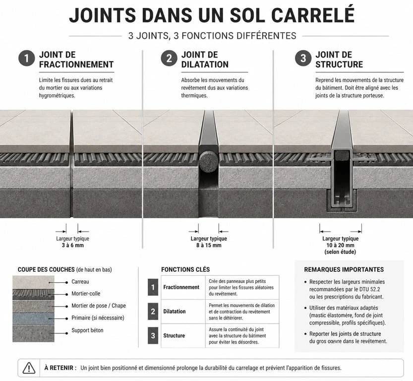 Schéma explicatif des différents types de joints pour carrelage : fractionnement, dilatation et structure