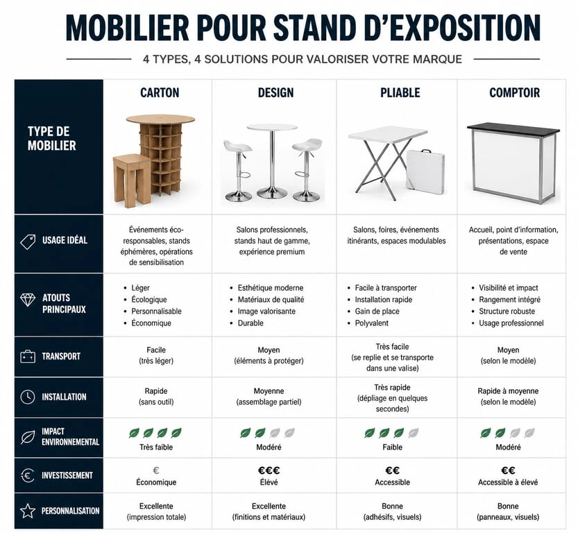 Comparatif des types de mobilier pour stand exposition : carton, design, pliable et comptoir