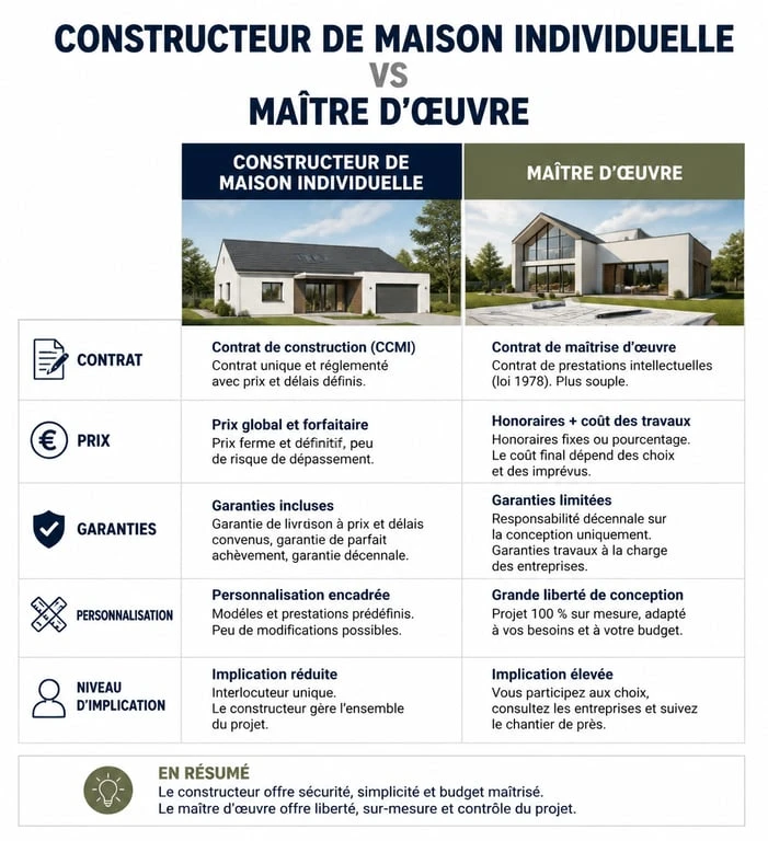 Infographie comparative : constructeur de maison individuelle vs maître d'œuvre pour votre projet de construction