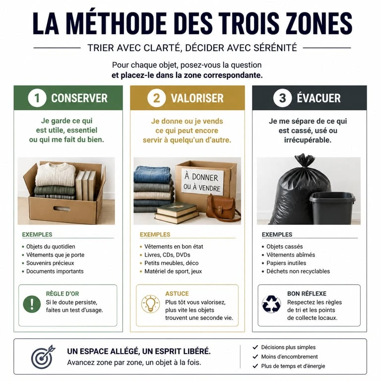 Infographie illustrant la méthode des trois piles pour vider une maison par où commencer