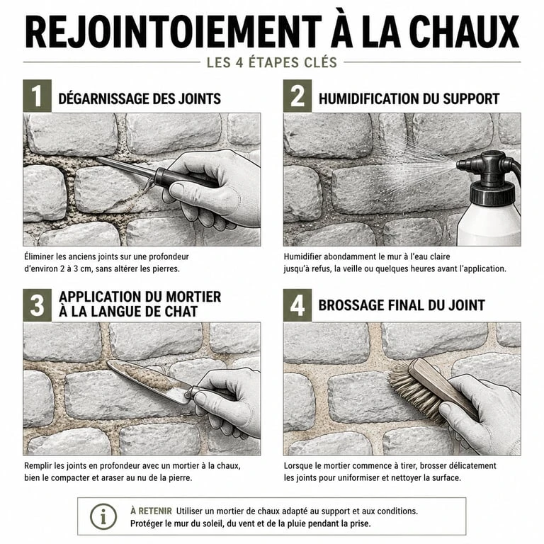 Étapes de réalisation d'un joint à la chaux extérieur sur un mur en pierre