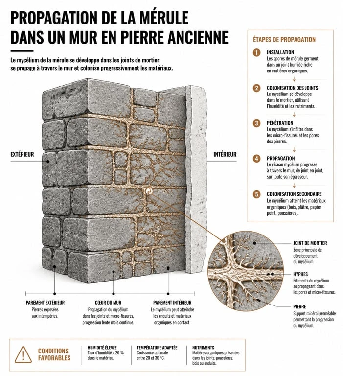 Schéma de propagation de la mérule dans un mur en pierre