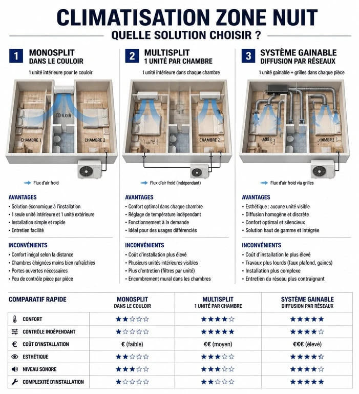 Infographie comparative des solutions de climatisation pour refroidir les chambres depuis un couloir