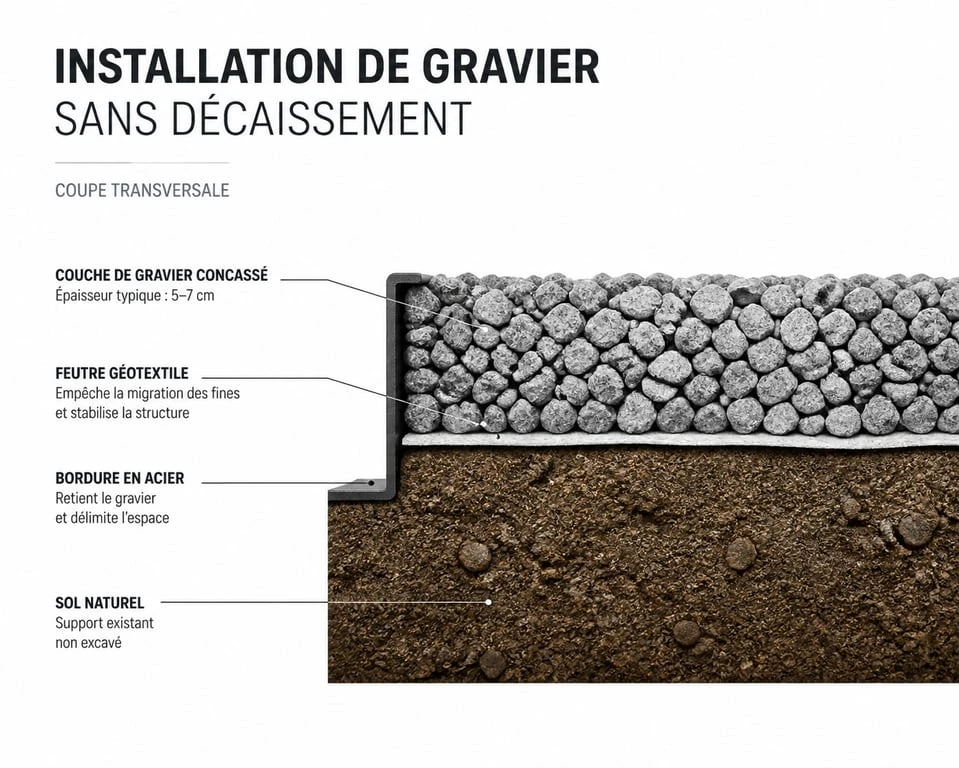 Schéma technique de pose de gravier sans décaisser avec géotextile et bordures