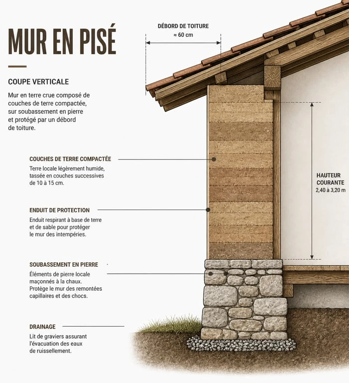Schéma technique en coupe d'un mur en pisé montrant la structure et le soubassement
