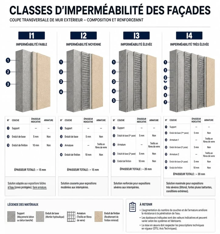 Infographie comparative des classes d'imperméabilité I1 à I4 pour le ravalement de façade dans le 92