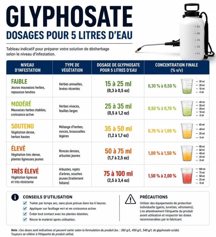 Tableau comparatif des dosages de Roundup pour 5 litres d'eau