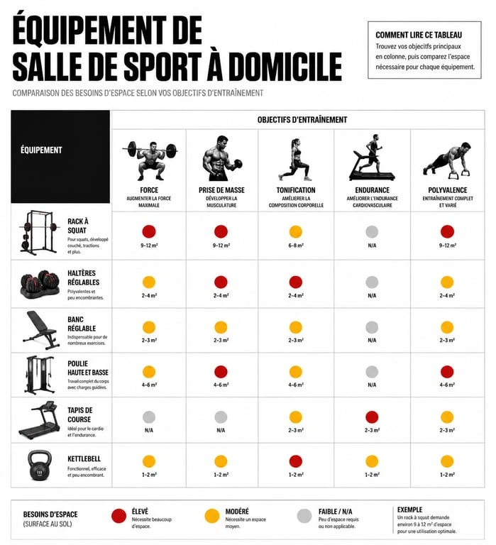 Comparatif visuel du matériel de sport maison selon l'espace et les objectifs