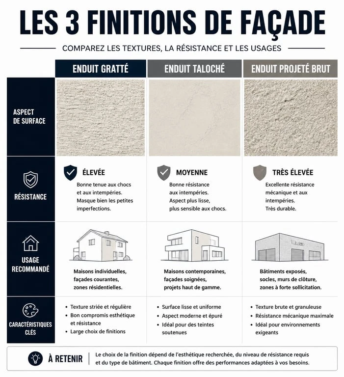 Comparatif visuel des finitions de façade : enduit gratté, taloché et projeté