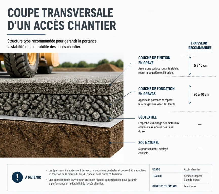 Coupe transversale d'un accès chantier stabilisé avec géotextile et matériaux de remblai