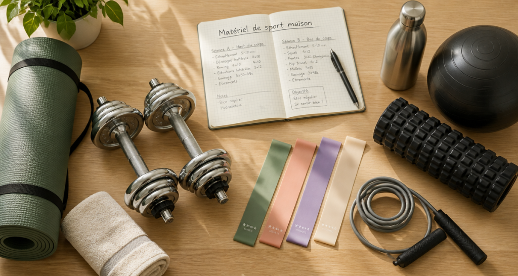 materiel sport maison tapis haltères corde
