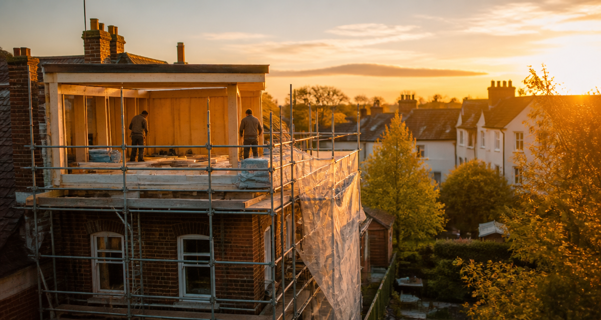 Surélévation maison et voisinage, échafaudage et ouvriers