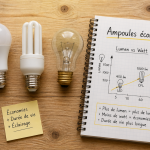 Ampoule economique LED CFL incandescente sur table bois