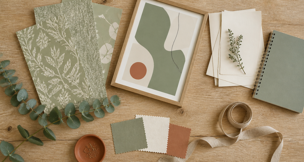 Décoration murale vert sauge avec échantillons et accessoires